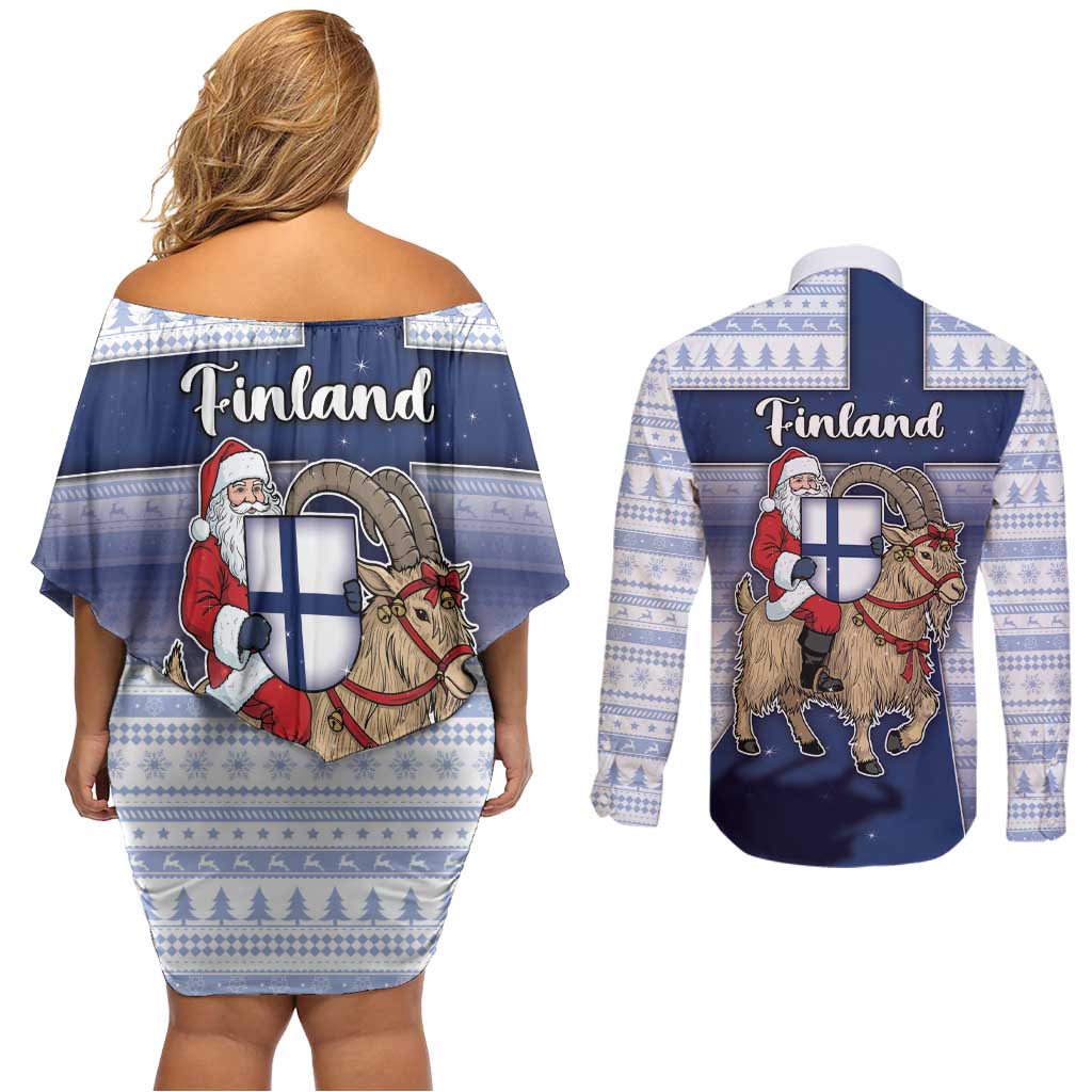 Finland Christmas Couples Matching Off Shoulder Short Dress and Long Sleeve Button Shirt Joulupukki With Coat Of Arms - Wonder Print Shop