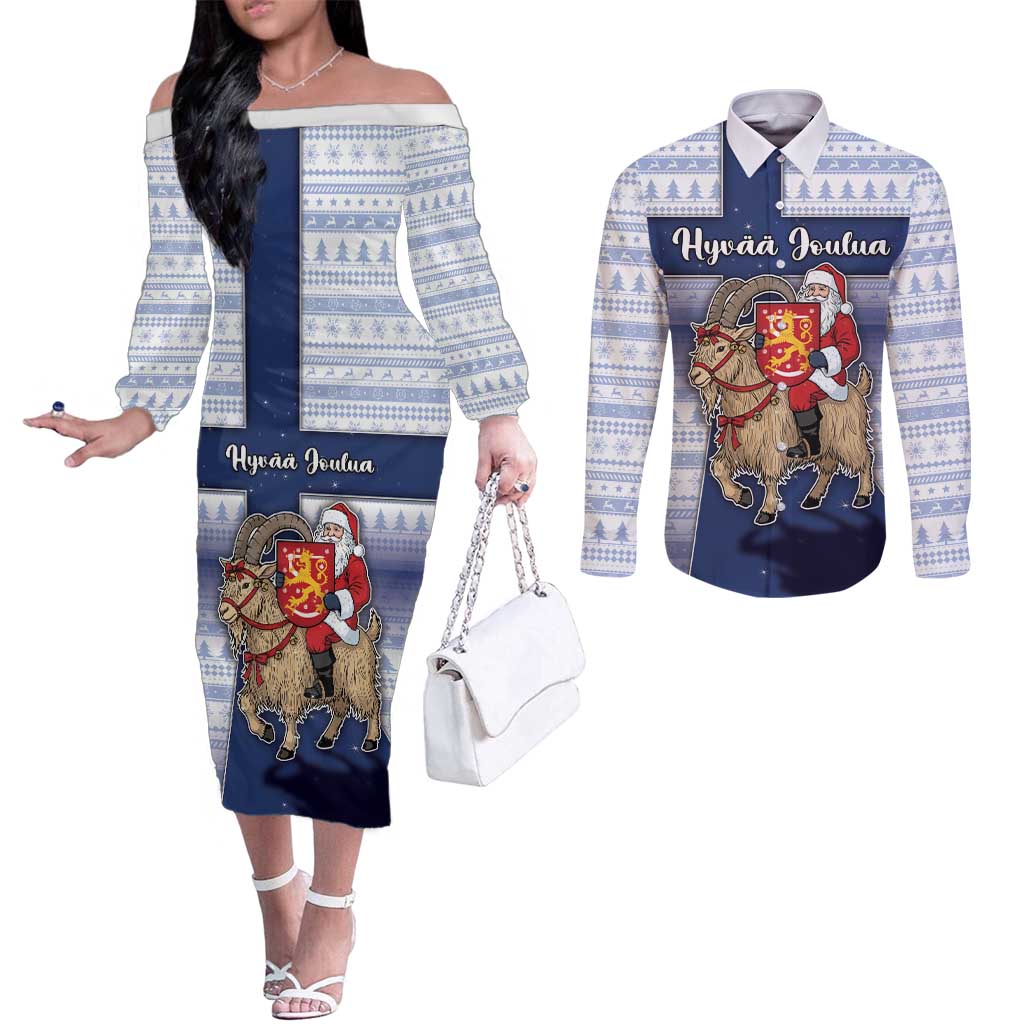 Finland Christmas Couples Matching Off The Shoulder Long Sleeve Dress and Long Sleeve Button Shirt Joulupukki With Coat Of Arms - Wonder Print Shop