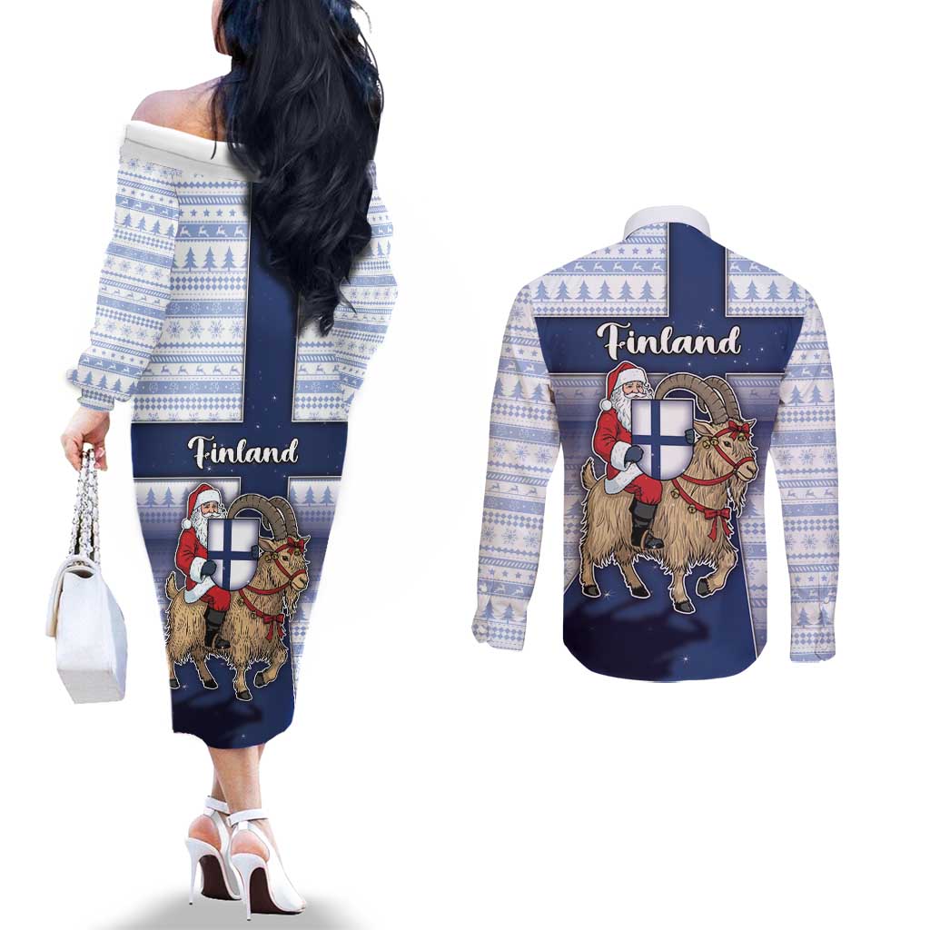 Finland Christmas Couples Matching Off The Shoulder Long Sleeve Dress and Long Sleeve Button Shirt Joulupukki With Coat Of Arms - Wonder Print Shop