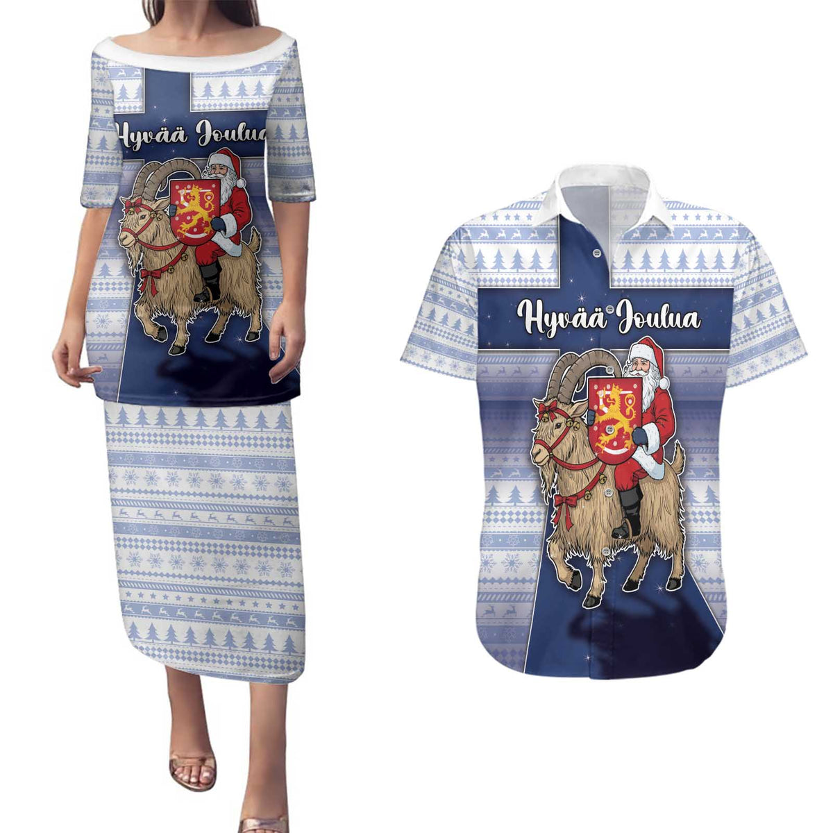 Finland Christmas Couples Matching Puletasi and Hawaiian Shirt Joulupukki With Coat Of Arms - Wonder Print Shop