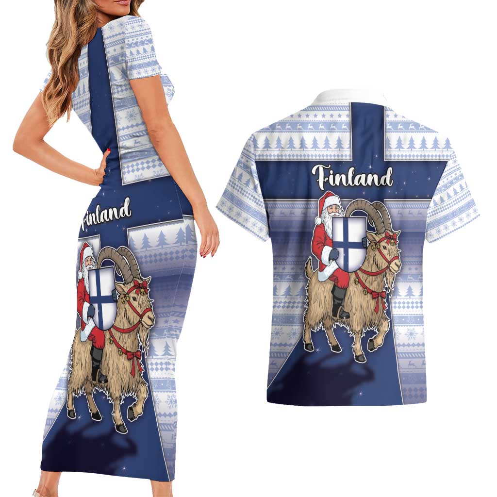 Finland Christmas Couples Matching Short Sleeve Bodycon Dress and Hawaiian Shirt Joulupukki With Coat Of Arms - Wonder Print Shop