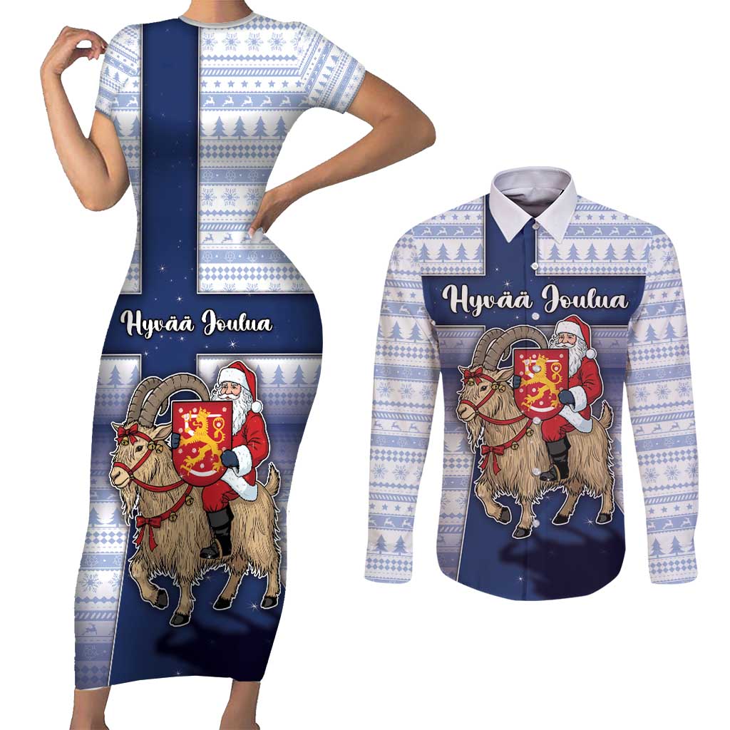 Finland Christmas Couples Matching Short Sleeve Bodycon Dress and Long Sleeve Button Shirt Joulupukki With Coat Of Arms - Wonder Print Shop
