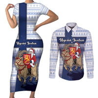 Finland Christmas Couples Matching Short Sleeve Bodycon Dress and Long Sleeve Button Shirt Joulupukki With Coat Of Arms - Wonder Print Shop
