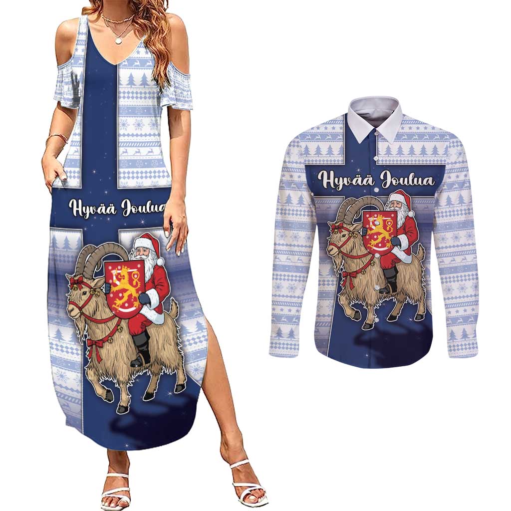 Finland Christmas Couples Matching Summer Maxi Dress and Long Sleeve Button Shirt Joulupukki With Coat Of Arms - Wonder Print Shop