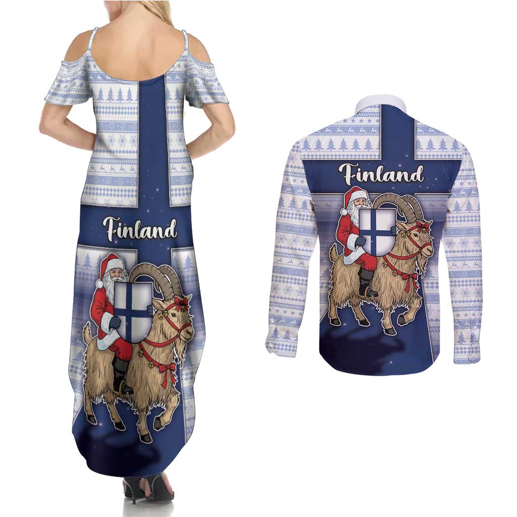 Finland Christmas Couples Matching Summer Maxi Dress and Long Sleeve Button Shirt Joulupukki With Coat Of Arms - Wonder Print Shop