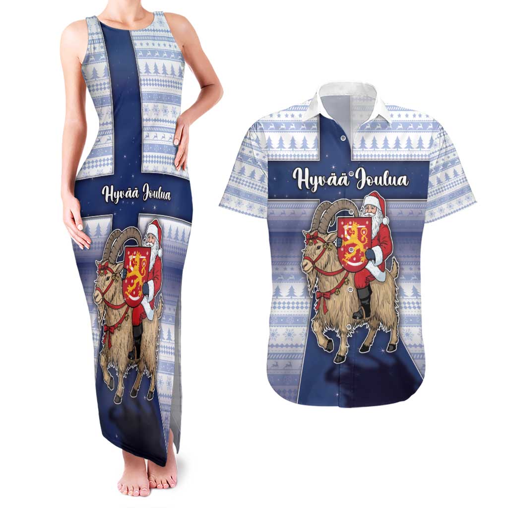 Finland Christmas Couples Matching Tank Maxi Dress and Hawaiian Shirt Joulupukki With Coat Of Arms - Wonder Print Shop