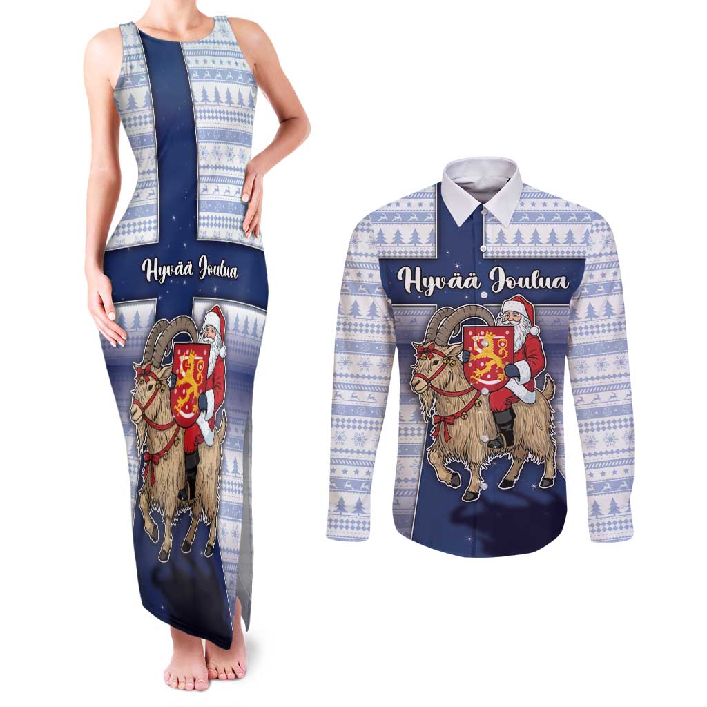Finland Christmas Couples Matching Tank Maxi Dress and Long Sleeve Button Shirt Joulupukki With Coat Of Arms - Wonder Print Shop