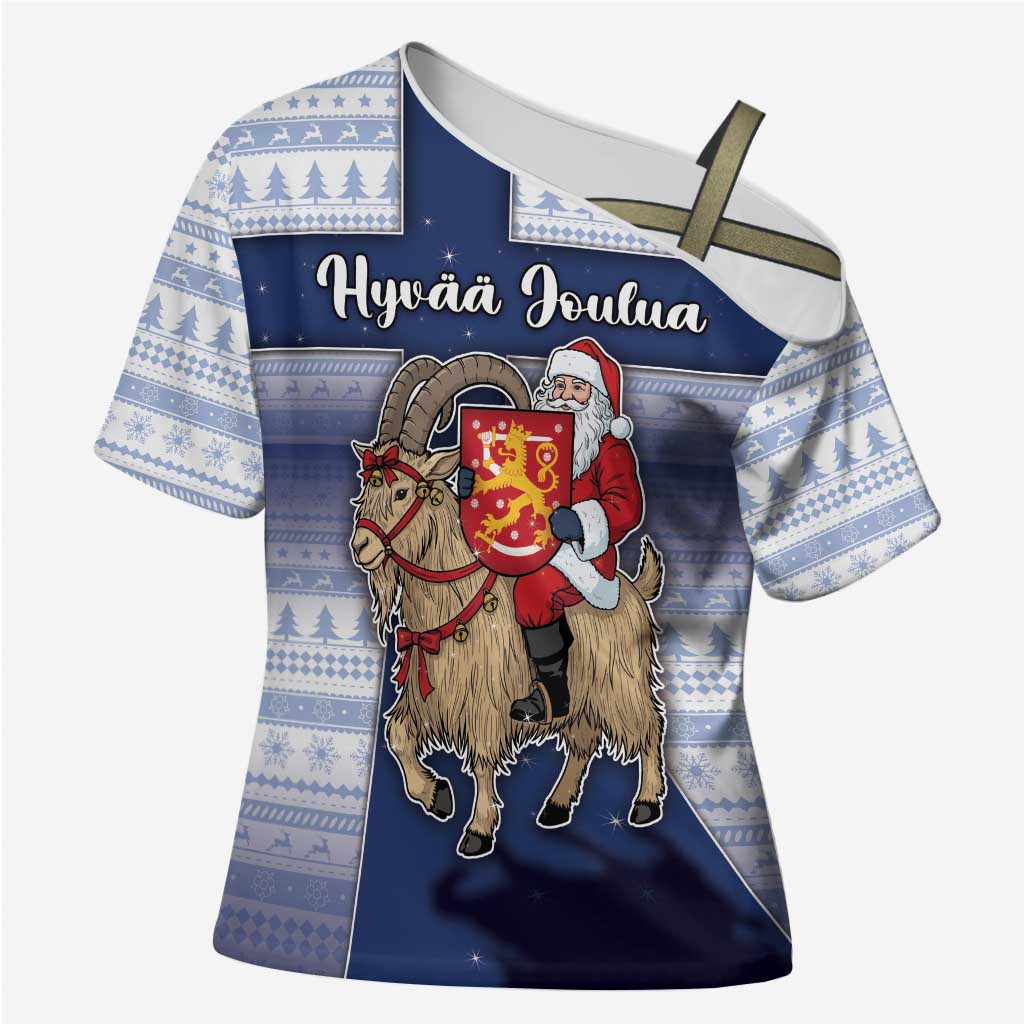Finland Christmas Cross Shoulder Shirt Joulupukki With Coat Of Arms - Wonder Print Shop