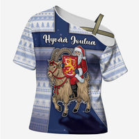 Finland Christmas Cross Shoulder Shirt Joulupukki With Coat Of Arms - Wonder Print Shop
