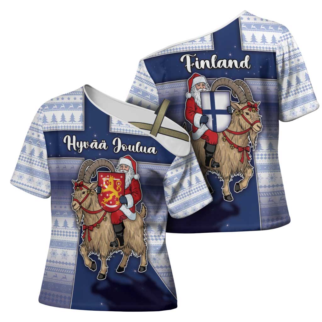 Finland Christmas Cross Shoulder Shirt Joulupukki With Coat Of Arms - Wonder Print Shop