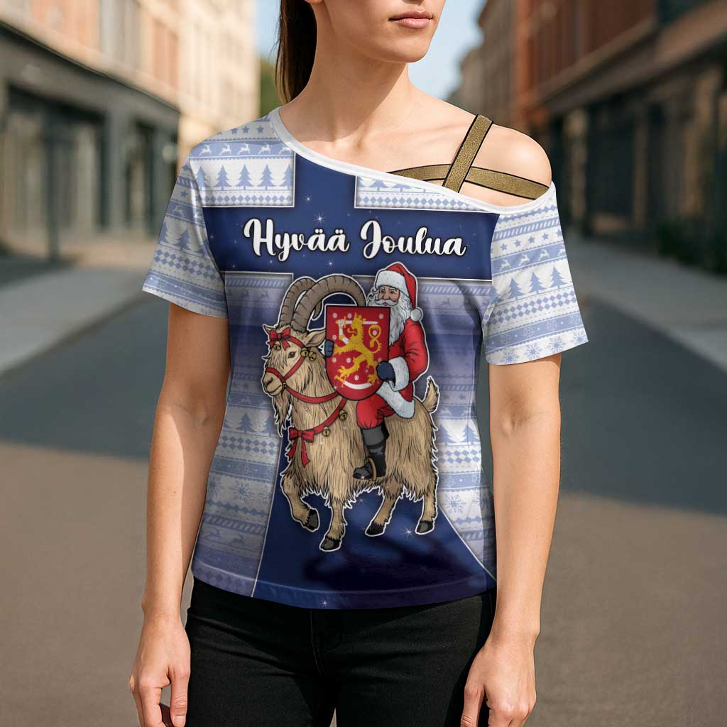 Finland Christmas Cross Shoulder Shirt Joulupukki With Coat Of Arms - Wonder Print Shop