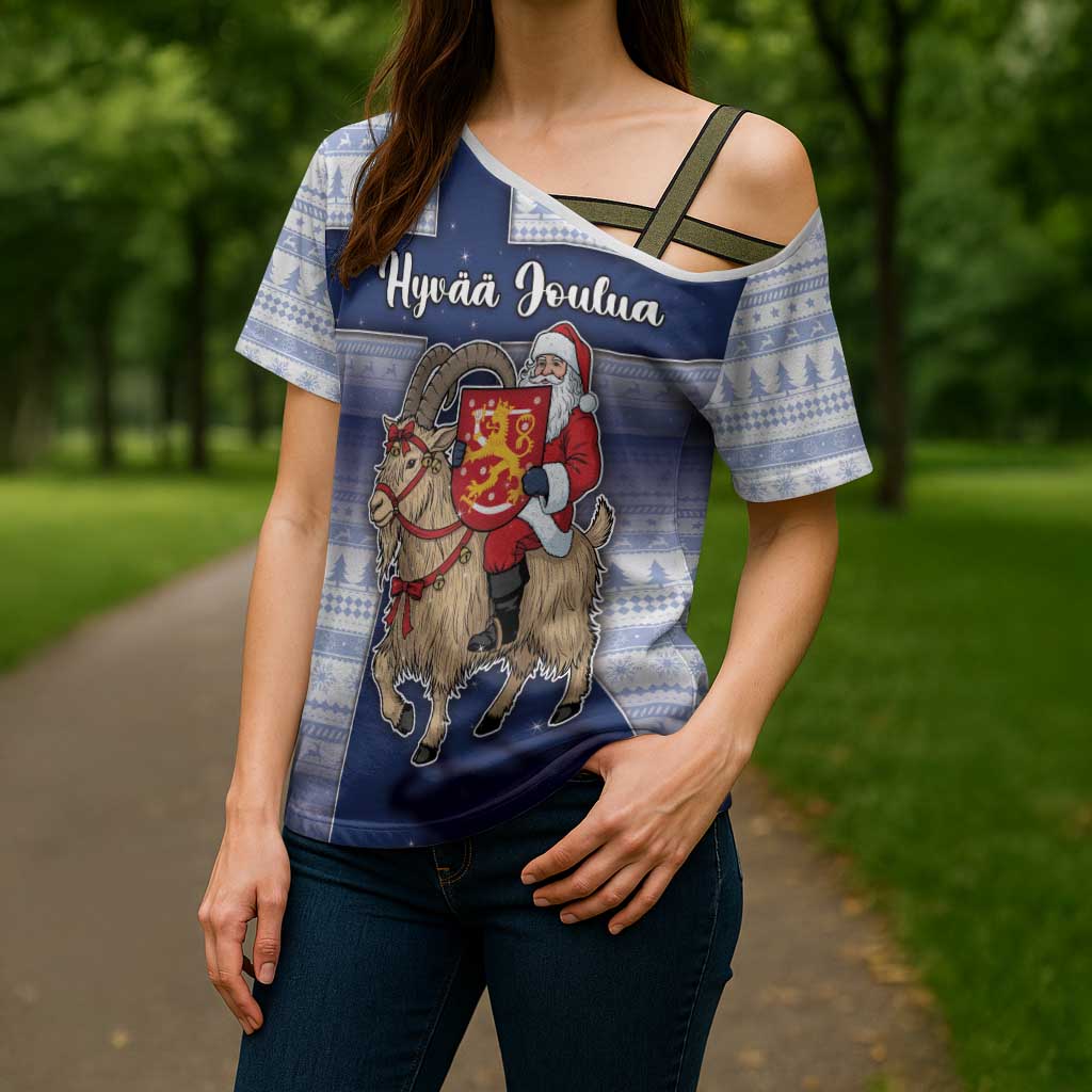 Finland Christmas Cross Shoulder Shirt Joulupukki With Coat Of Arms - Wonder Print Shop