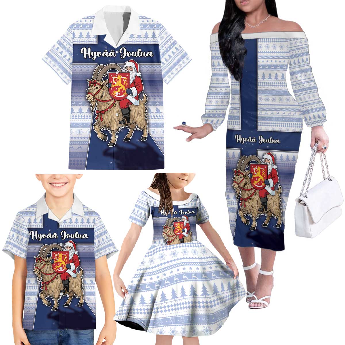 Finland Christmas Family Matching Off The Shoulder Long Sleeve Dress and Hawaiian Shirt Joulupukki With Coat Of Arms - Wonder Print Shop