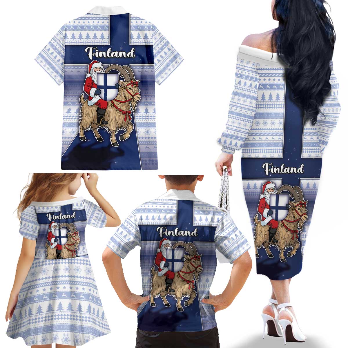 Finland Christmas Family Matching Off The Shoulder Long Sleeve Dress and Hawaiian Shirt Joulupukki With Coat Of Arms - Wonder Print Shop