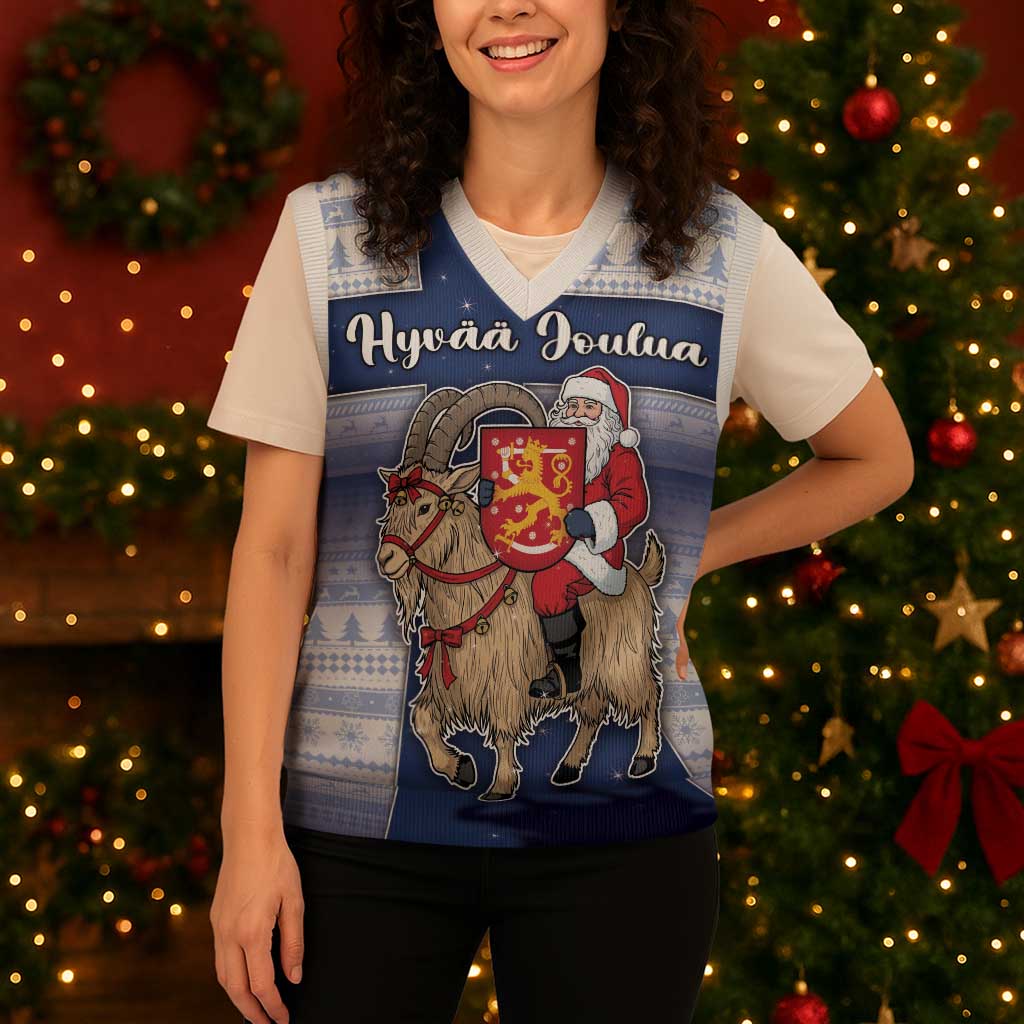 Finland Christmas Knitted V-Neck Vest Joulupukki With Coat Of Arms - Wonder Print Shop