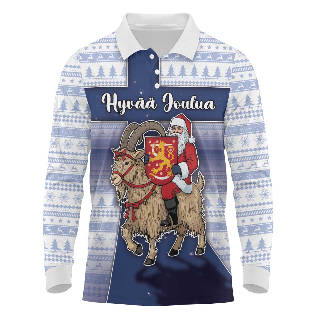 Finland Christmas Long Sleeve Polo Shirt Joulupukki With Coat Of Arms - Wonder Print Shop