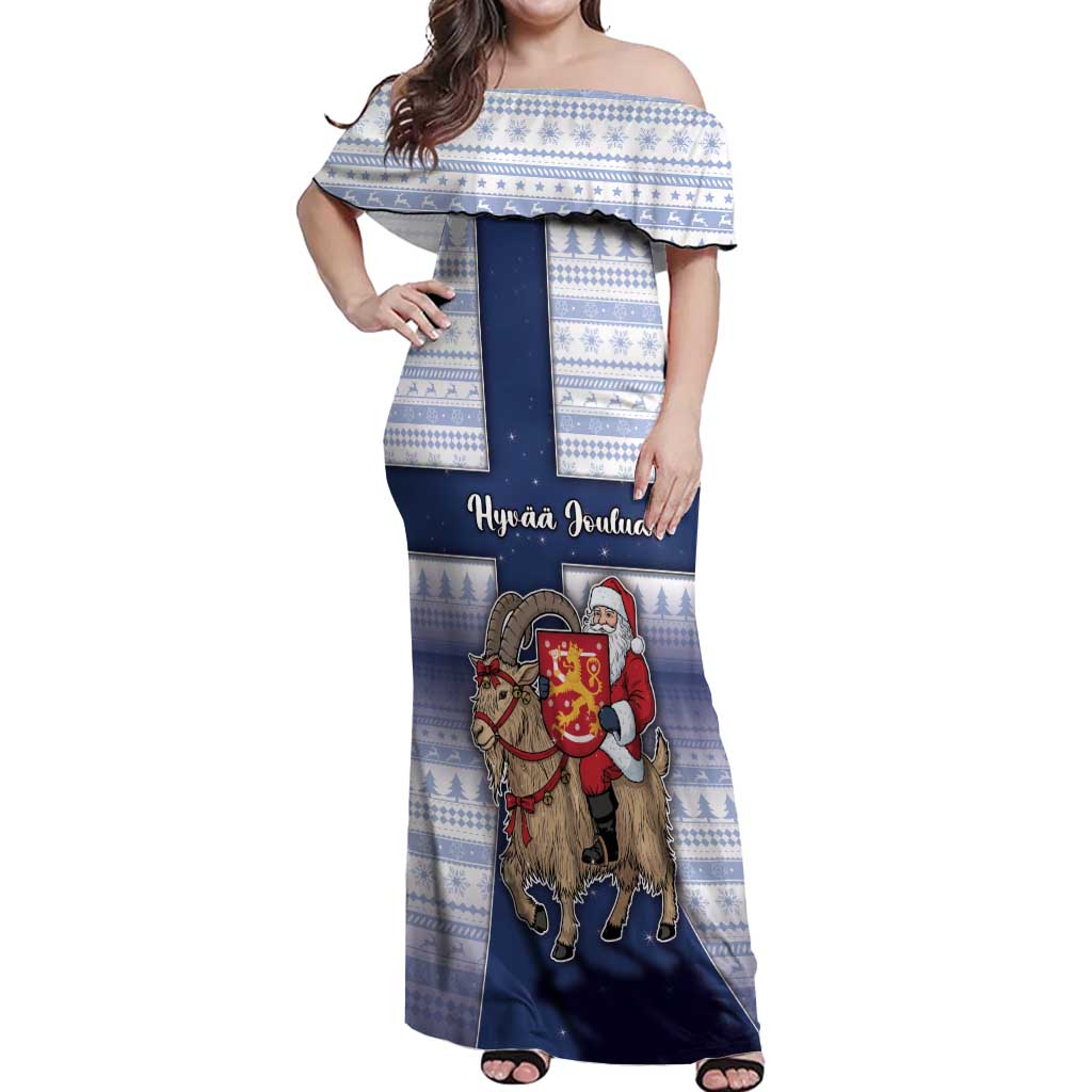 Finland Christmas Off Shoulder Maxi Dress Joulupukki With Coat Of Arms - Wonder Print Shop