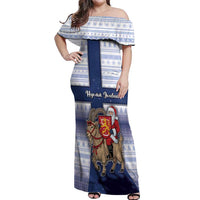 Finland Christmas Off Shoulder Maxi Dress Joulupukki With Coat Of Arms - Wonder Print Shop