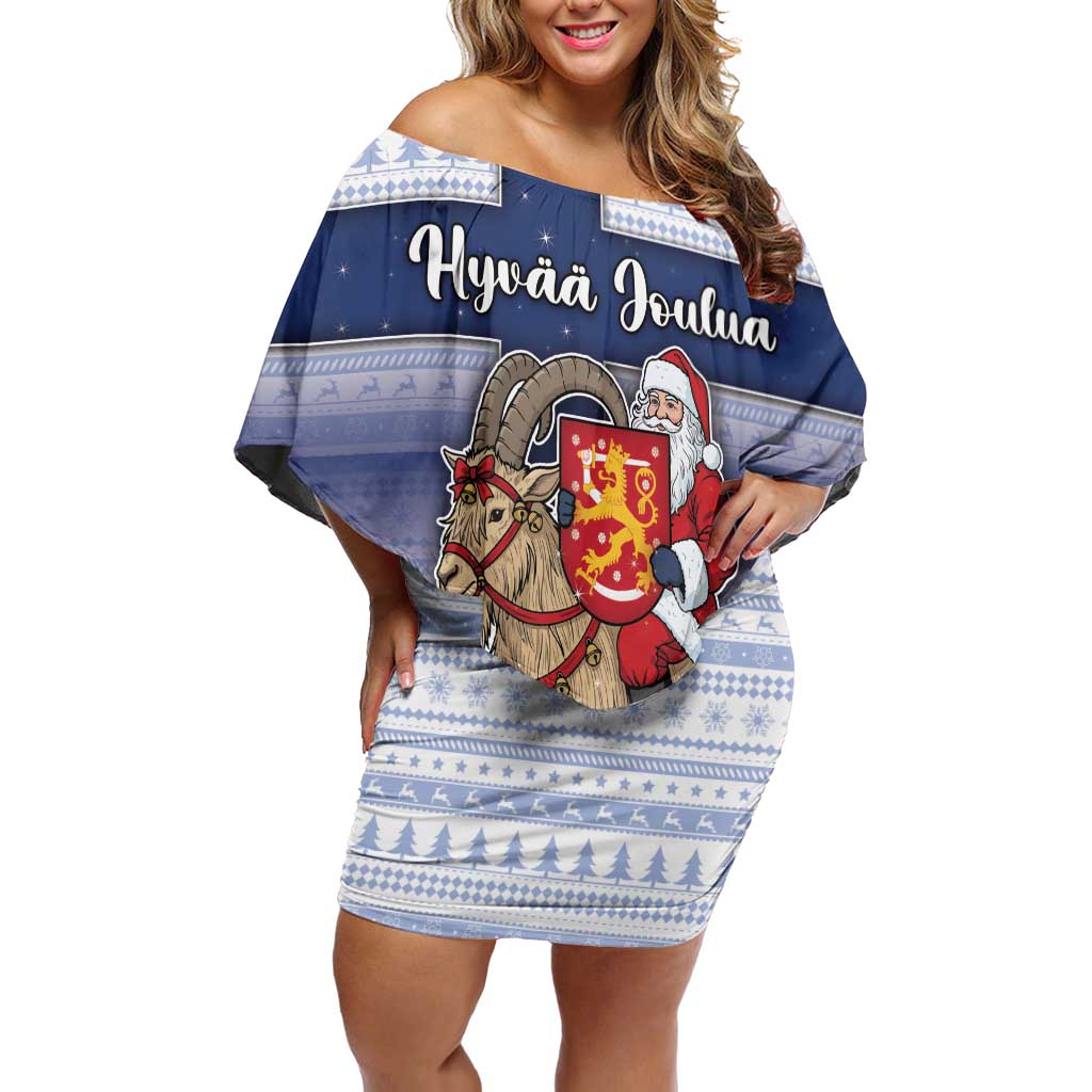 Finland Christmas Off Shoulder Short Dress Joulupukki With Coat Of Arms - Wonder Print Shop