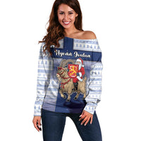 Finland Christmas Off Shoulder Sweater Joulupukki With Coat Of Arms - Wonder Print Shop