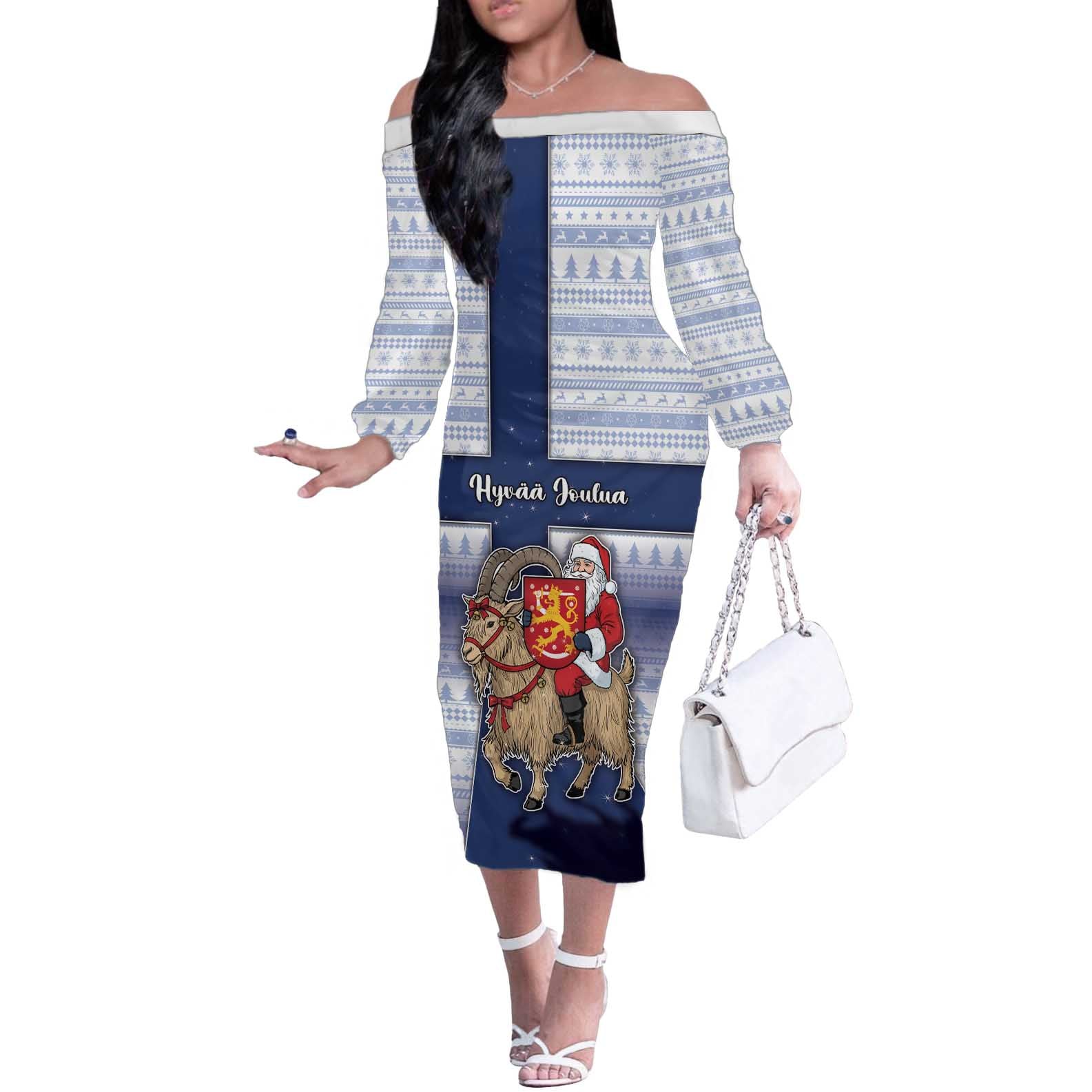 Finland Christmas Off The Shoulder Long Sleeve Dress Joulupukki With Coat Of Arms - Wonder Print Shop