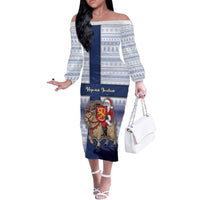 Finland Christmas Off The Shoulder Long Sleeve Dress Joulupukki With Coat Of Arms - Wonder Print Shop