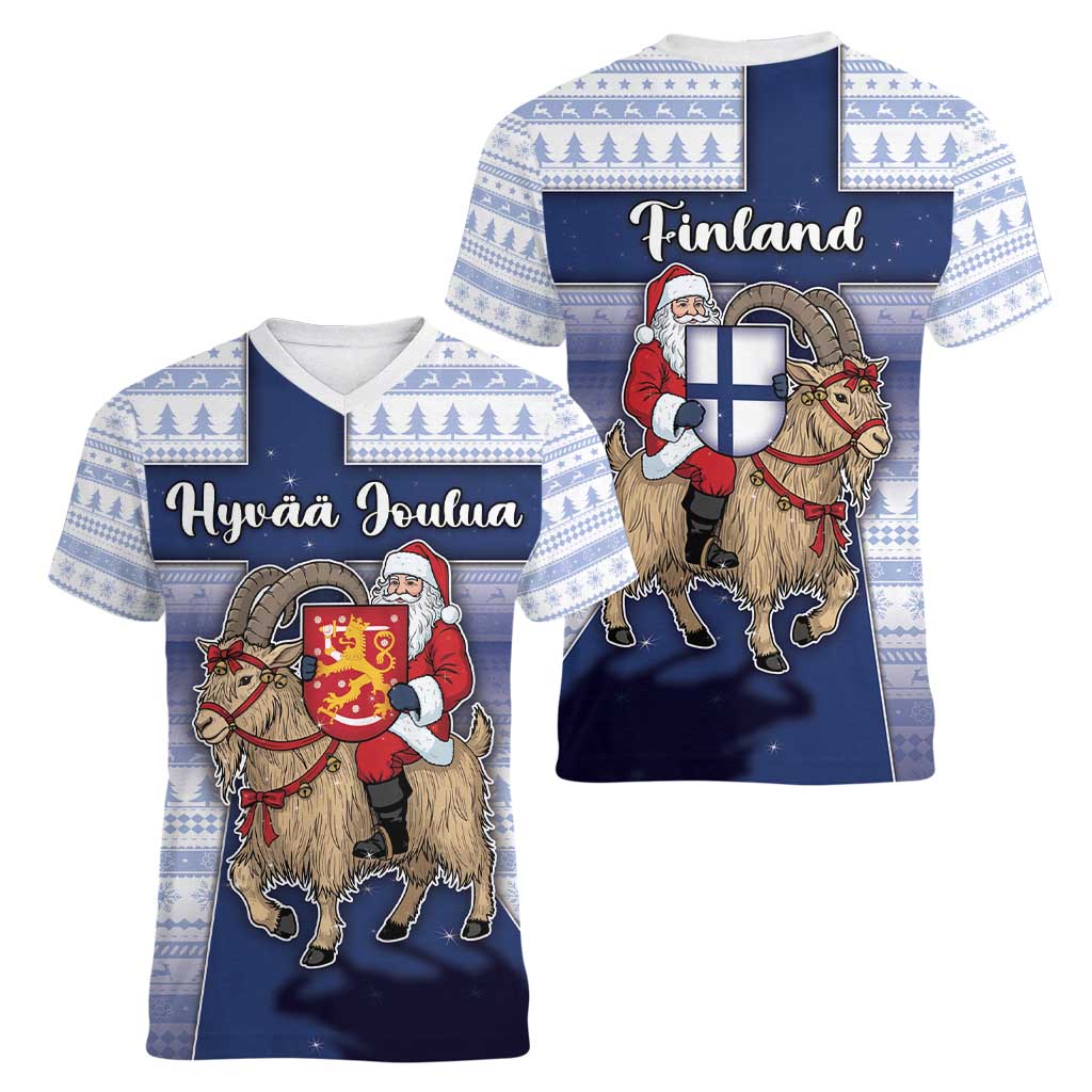 Finland Christmas Women V-Neck T-Shirt Joulupukki With Coat Of Arms - Wonder Print Shop