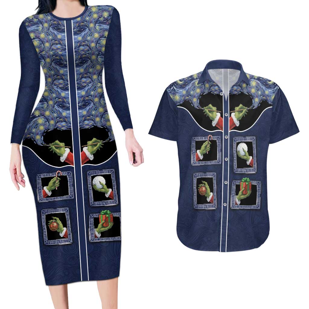 Western Yoke Couples Matching Long Sleeve Bodycon Dress and Hawaiian Shirt Grinch Art Parody Christmas - Wonder Print Shop