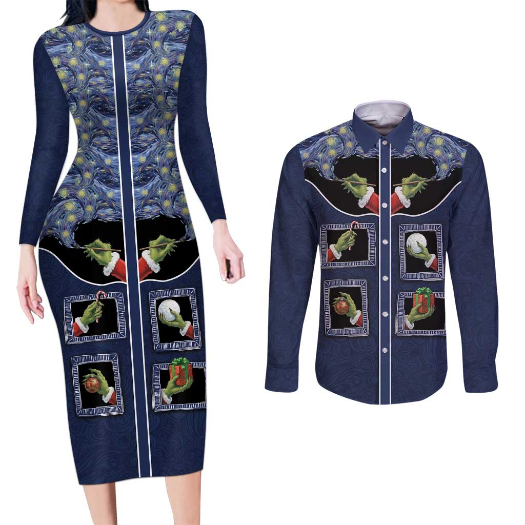Western Yoke Couples Matching Long Sleeve Bodycon Dress and Long Sleeve Button Shirt Grinch Art Parody Christmas - Wonder Print Shop
