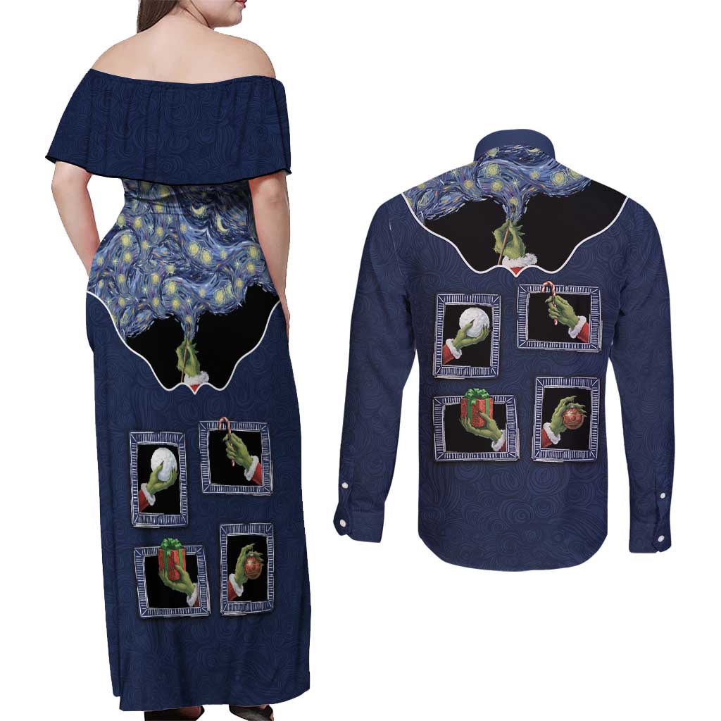 Western Yoke Couples Matching Off Shoulder Maxi Dress and Long Sleeve Button Shirt Grinch Art Parody Christmas - Wonder Print Shop