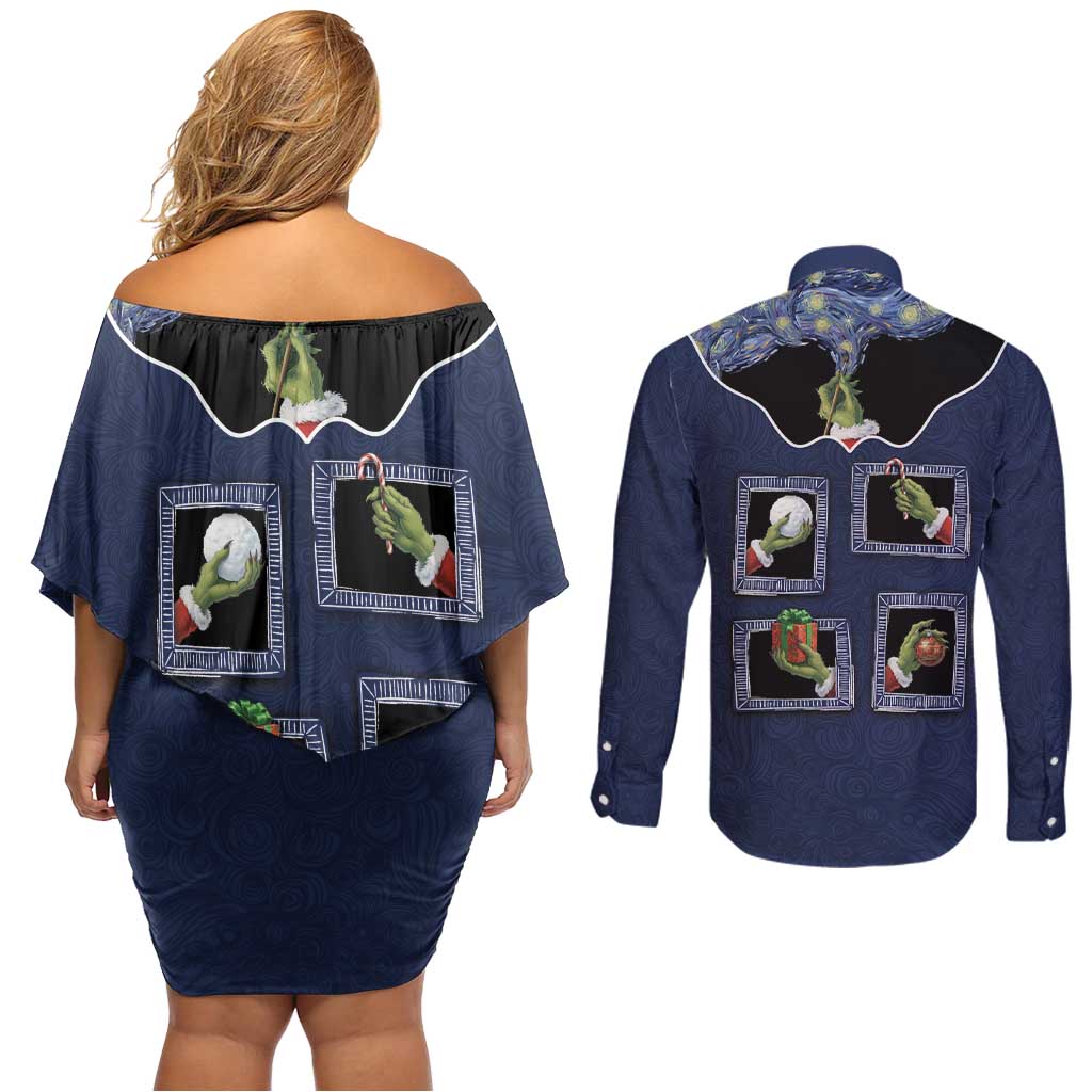 Western Yoke Couples Matching Off Shoulder Short Dress and Long Sleeve Button Shirt Grinch Art Parody Christmas - Wonder Print Shop