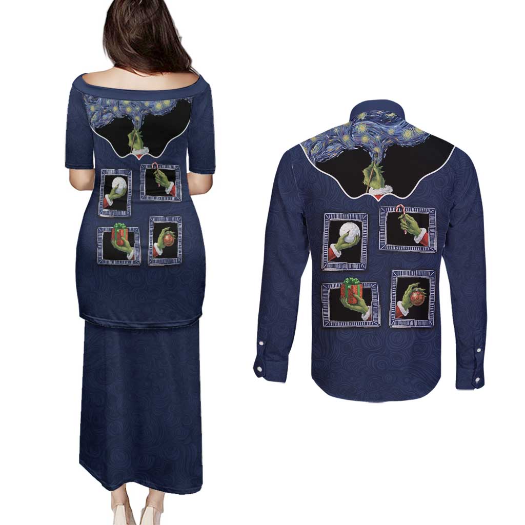 Western Yoke Couples Matching Puletasi and Long Sleeve Button Shirt Grinch Art Parody Christmas - Wonder Print Shop