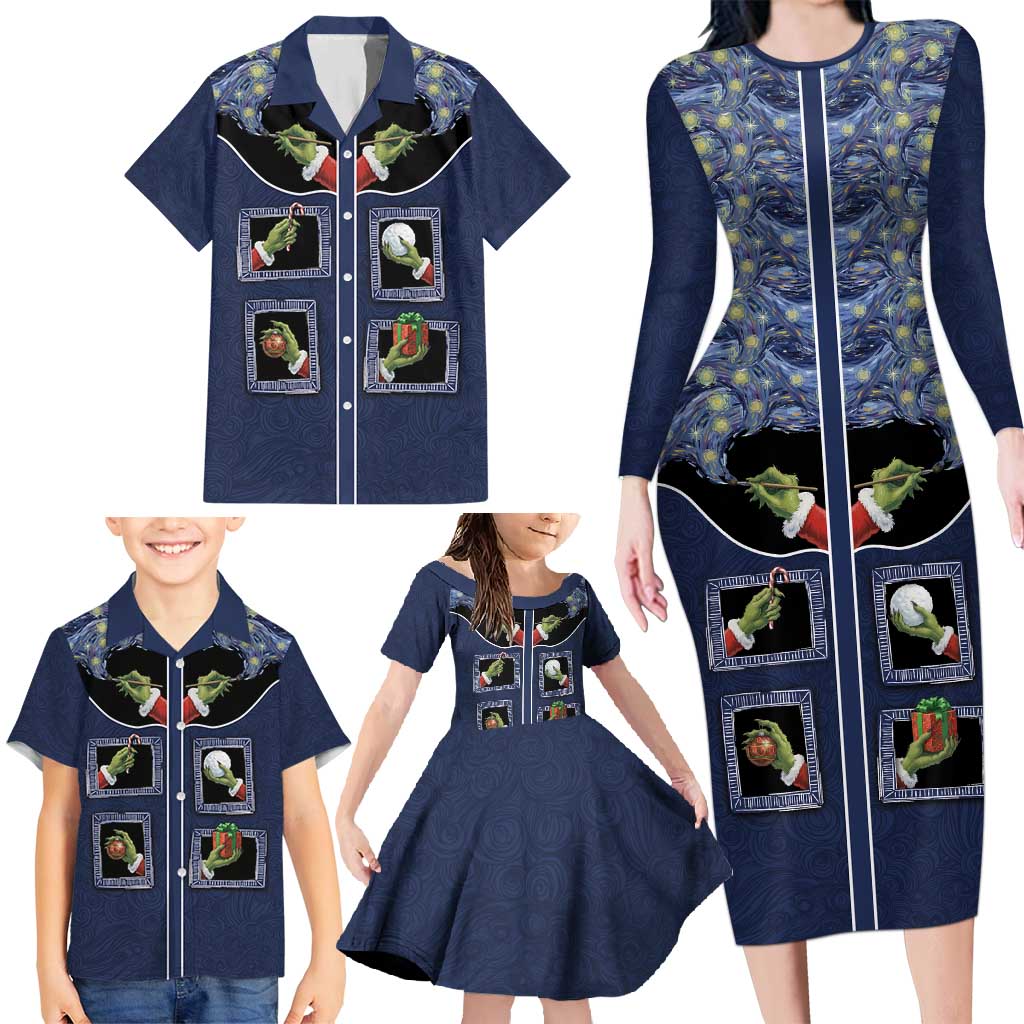 Western Yoke Family Matching Long Sleeve Bodycon Dress and Hawaiian Shirt Grinch Art Parody Christmas - Wonder Print Shop