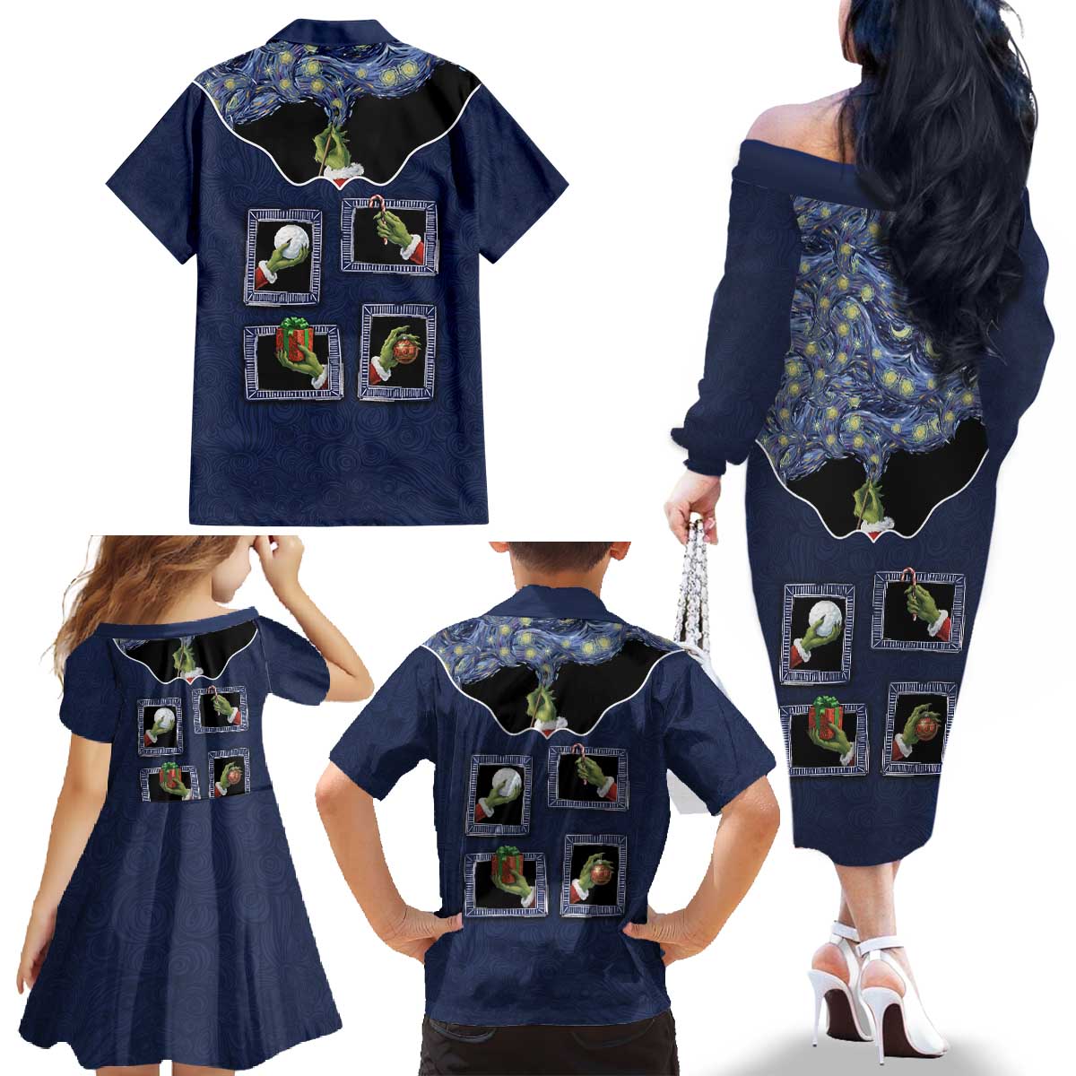 Western Yoke Family Matching Off The Shoulder Long Sleeve Dress and Hawaiian Shirt Grinch Art Parody Christmas - Wonder Print Shop