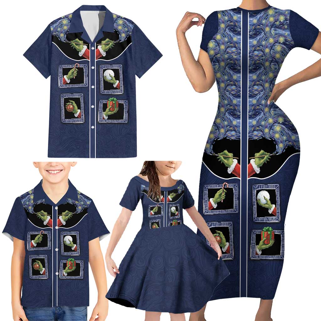 Western Yoke Family Matching Short Sleeve Bodycon Dress and Hawaiian Shirt Grinch Art Parody Christmas - Wonder Print Shop