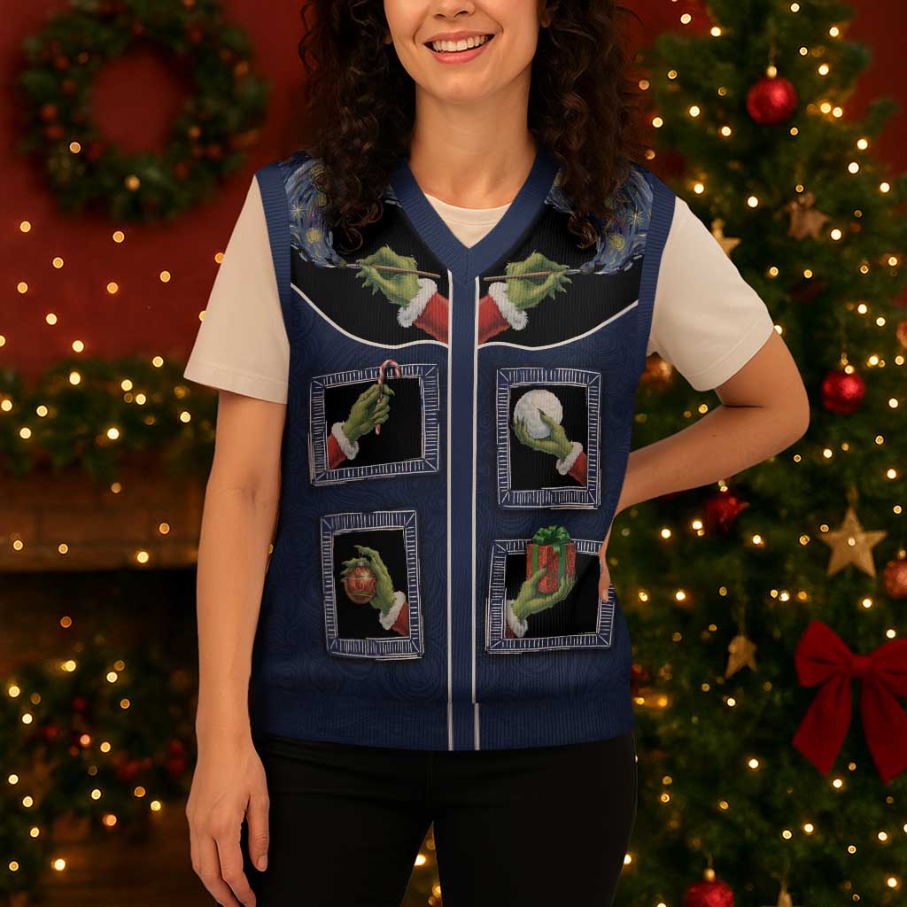 Western Yoke Christmas Knitted V-Neck Vest Grinch Art Parody Christmas - Wonder Print Shop