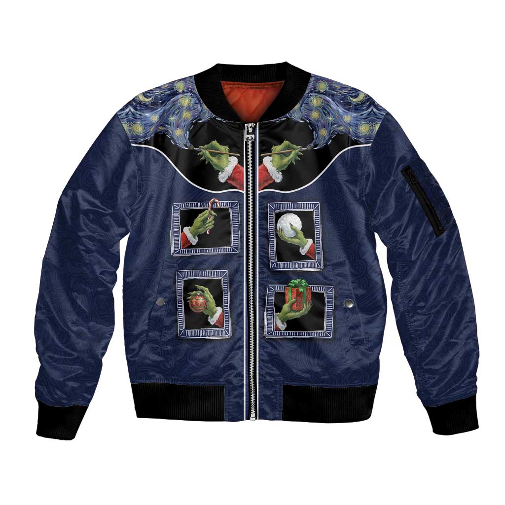Western Yoke Sleeve Zip Bomber Jacket Grinch Art Parody Christmas - Wonder Print Shop