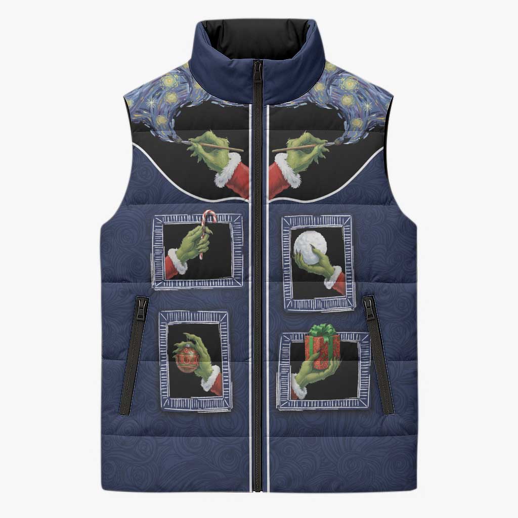 Western Yoke Sleeveless Puffer Jacket Grinch Art Parody Christmas - Wonder Print Shop