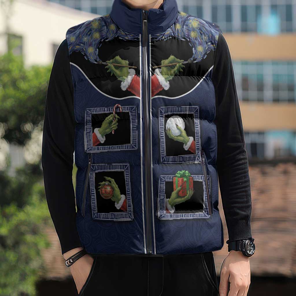 Western Yoke Sleeveless Puffer Jacket Grinch Art Parody Christmas - Wonder Print Shop