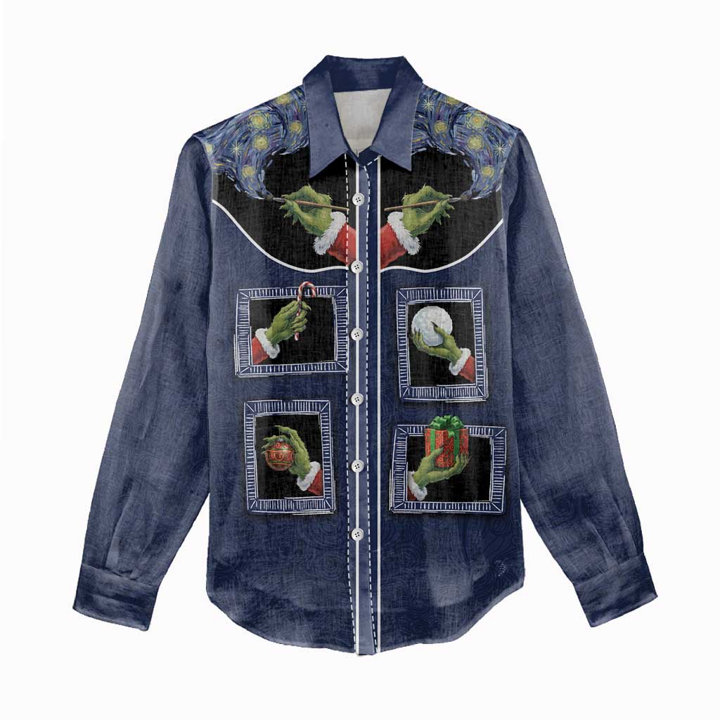 Western Yoke Women Casual Shirt Grinch Art Parody Christmas - Wonder Print Shop