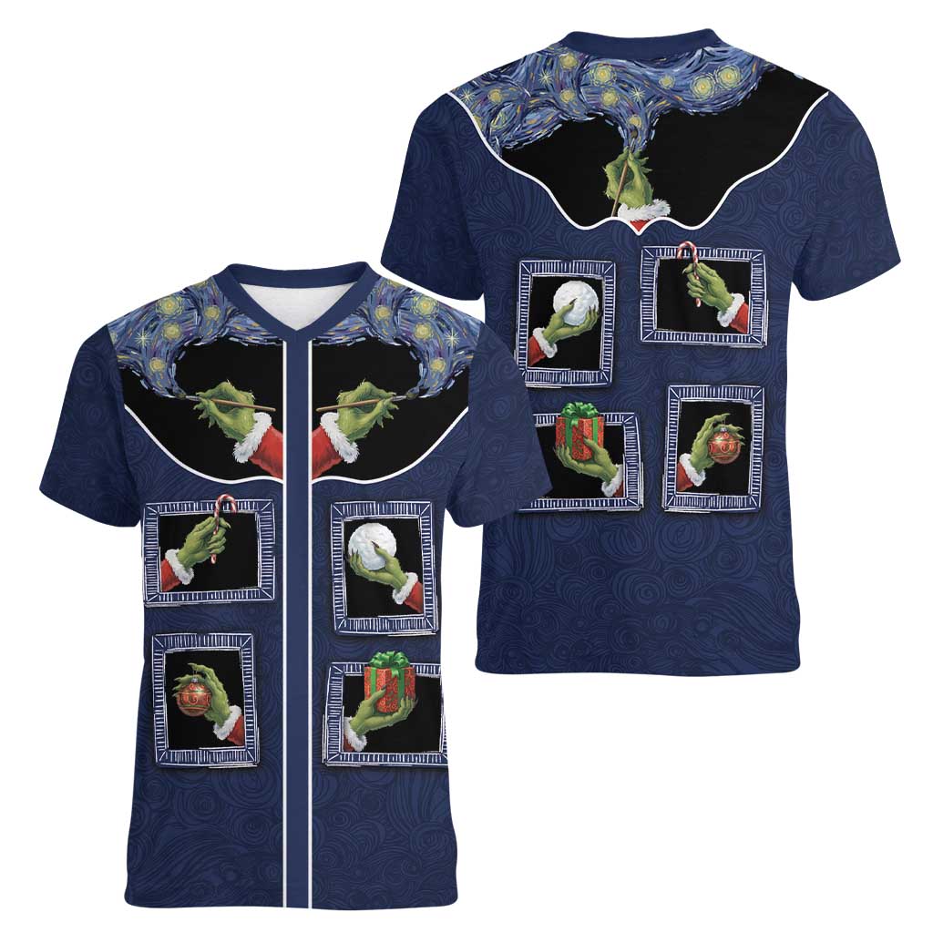 Western Yoke Women V-Neck T-Shirt Grinch Art Parody Christmas - Wonder Print Shop