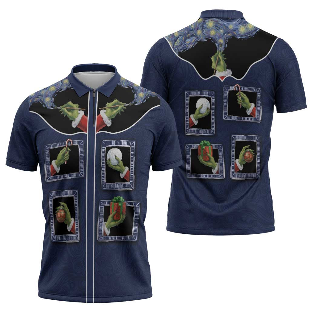 Western Yoke Zipper Polo Shirt Grinch Art Parody Christmas - Wonder Print Shop