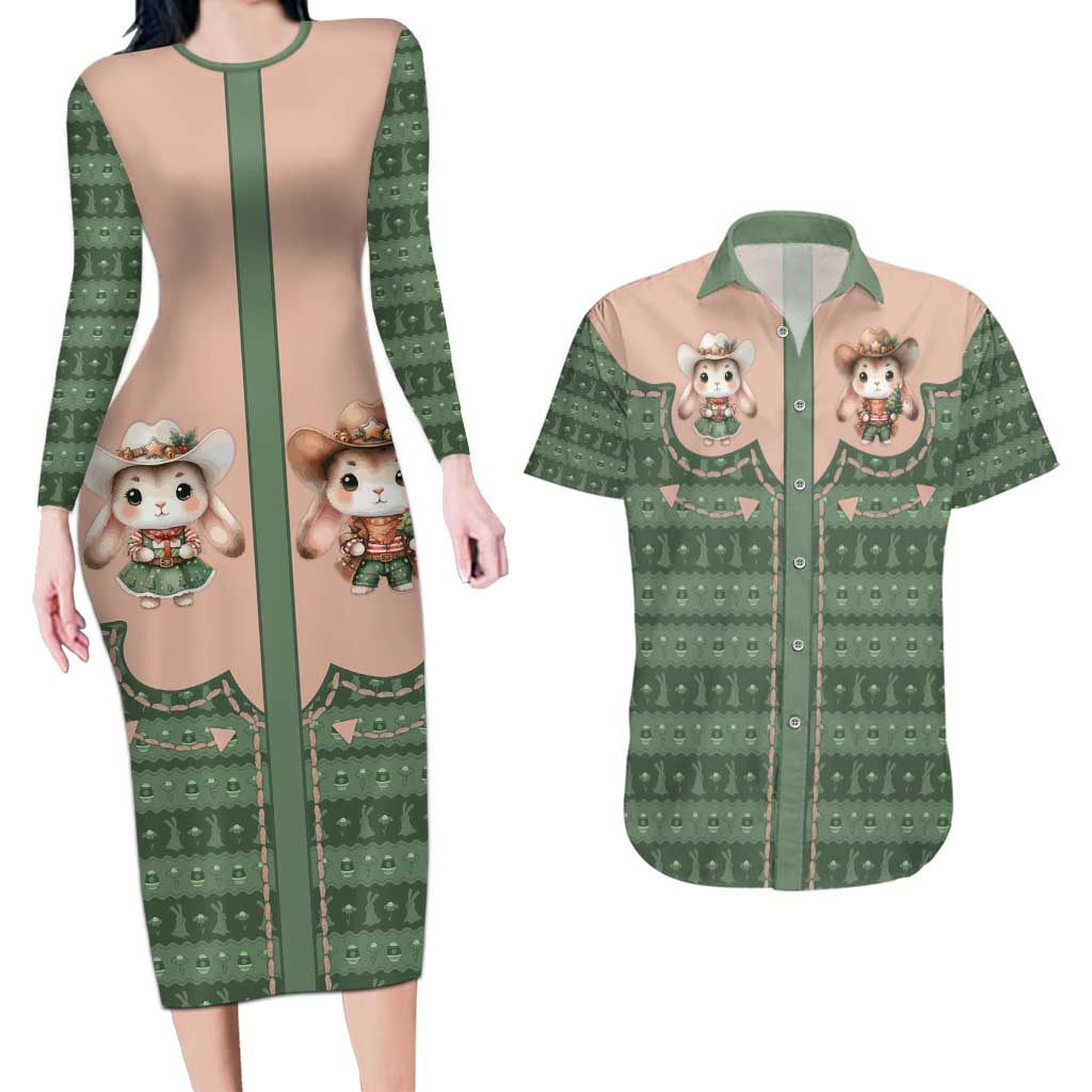 Western Yoke Couples Matching Long Sleeve Bodycon Dress and Hawaiian Shirt Rabbit Howdy Christmas - Wonder Print Shop