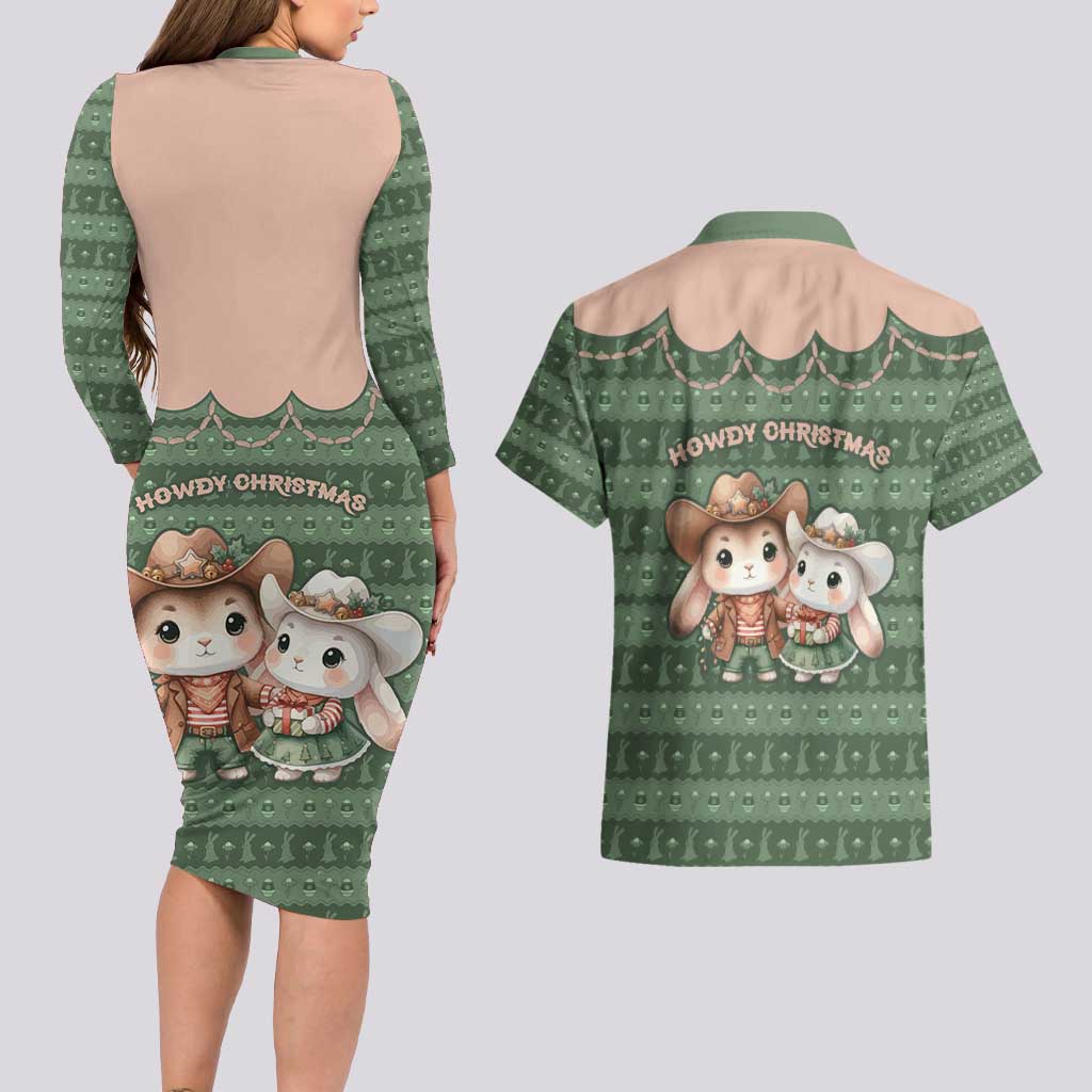 Western Yoke Couples Matching Long Sleeve Bodycon Dress and Hawaiian Shirt Rabbit Howdy Christmas - Wonder Print Shop