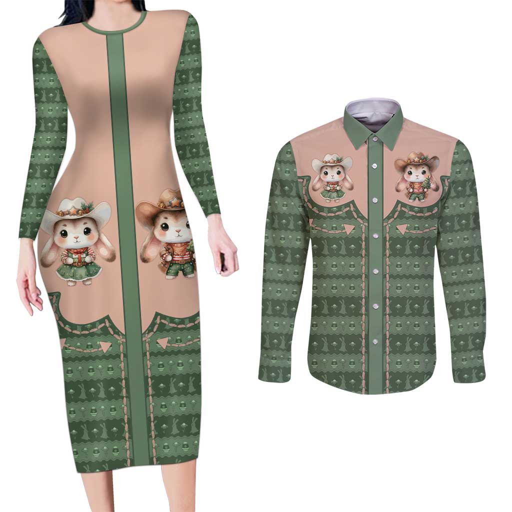 Western Yoke Couples Matching Long Sleeve Bodycon Dress and Long Sleeve Button Shirt Rabbit Howdy Christmas - Wonder Print Shop