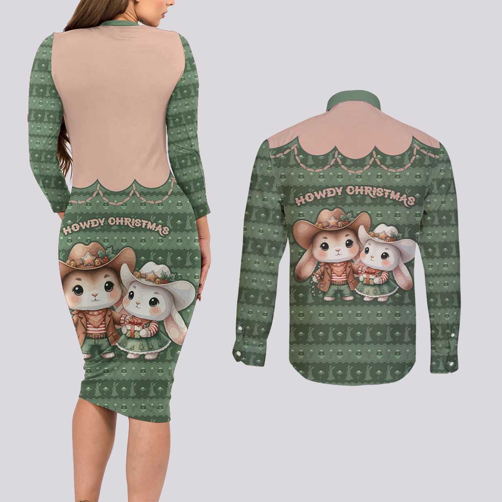 Western Yoke Couples Matching Long Sleeve Bodycon Dress and Long Sleeve Button Shirt Rabbit Howdy Christmas - Wonder Print Shop