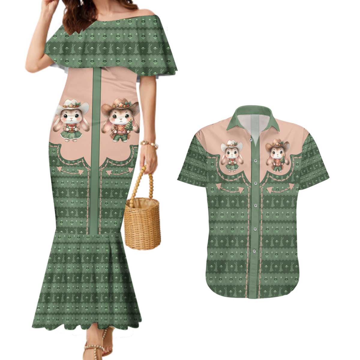 Western Yoke Couples Matching Mermaid Dress and Hawaiian Shirt Rabbit Howdy Christmas - Wonder Print Shop
