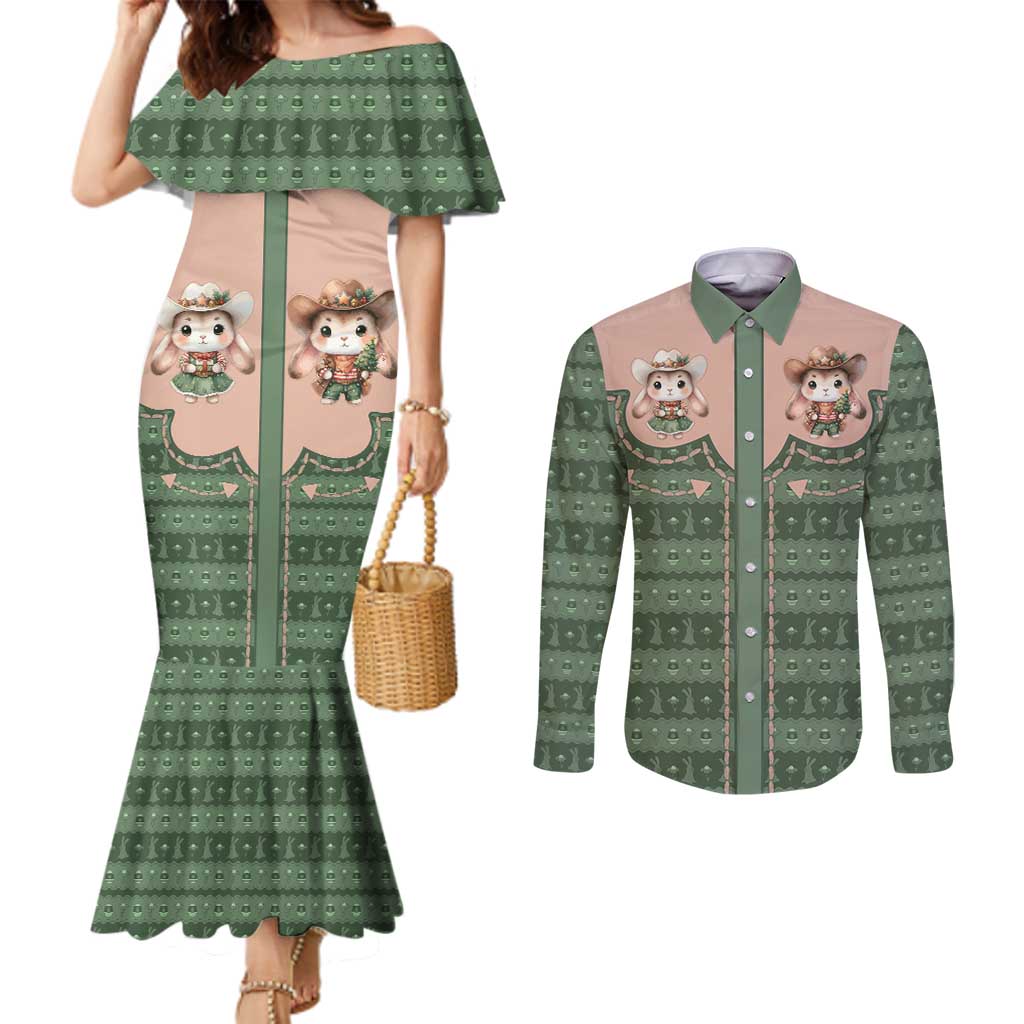 Western Yoke Couples Matching Mermaid Dress and Long Sleeve Button Shirt Rabbit Howdy Christmas - Wonder Print Shop