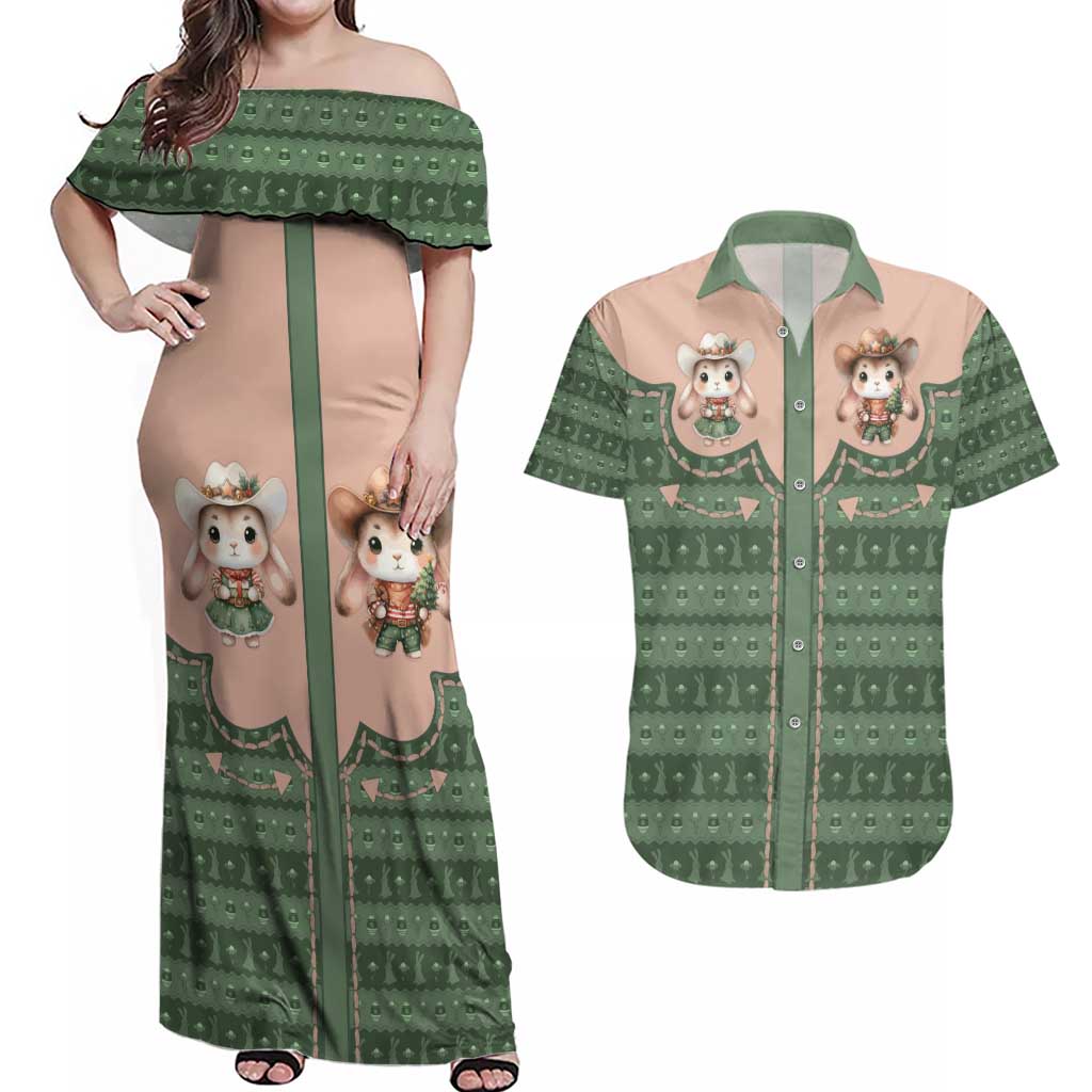 Western Yoke Couples Matching Off Shoulder Maxi Dress and Hawaiian Shirt Rabbit Howdy Christmas - Wonder Print Shop
