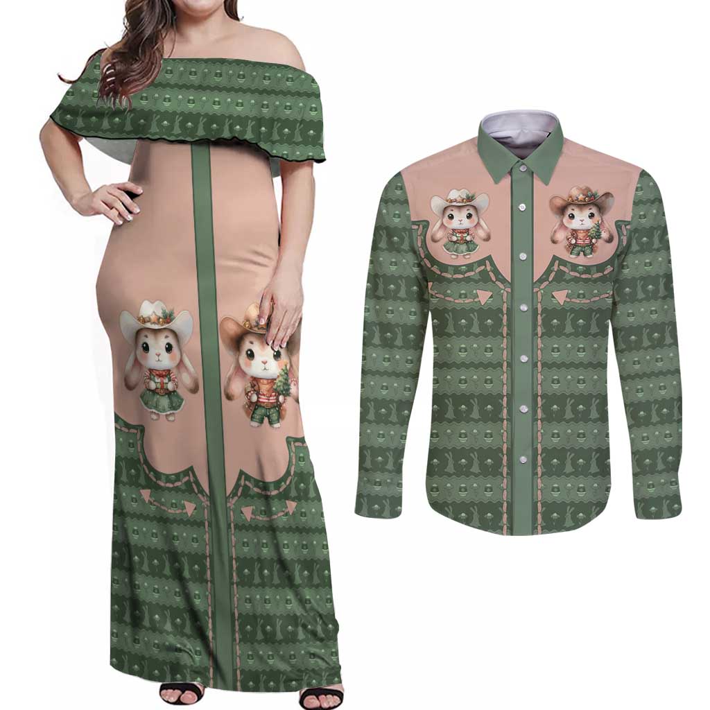 Western Yoke Couples Matching Off Shoulder Maxi Dress and Long Sleeve Button Shirt Rabbit Howdy Christmas - Wonder Print Shop